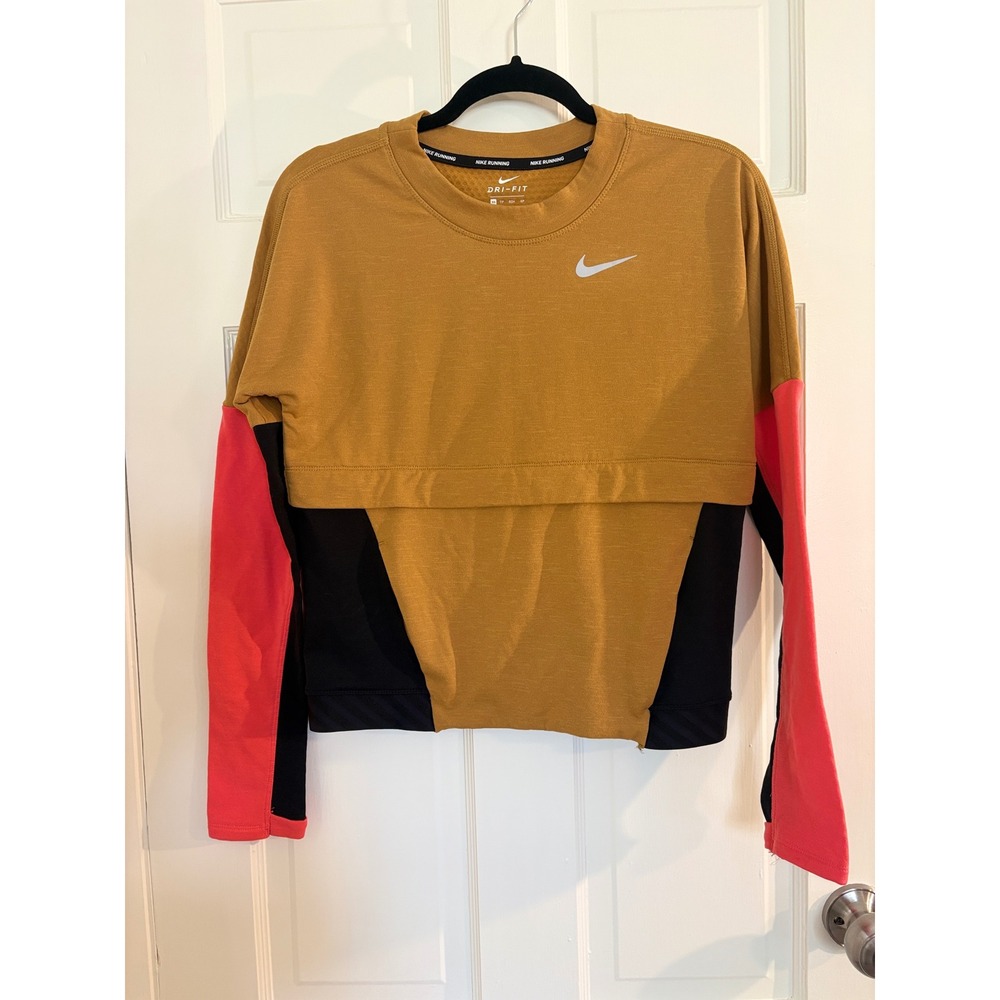 Nike Womens Dri-FIT Therma Sphere Running Top AJ8671-790 Wheat Gold Colorblock